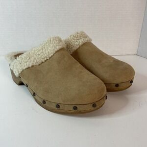 Faryl Robbin Faux Suede Sherpa Lined Clogs Size 7 Tan Vegan Slip On Studded Shoe
